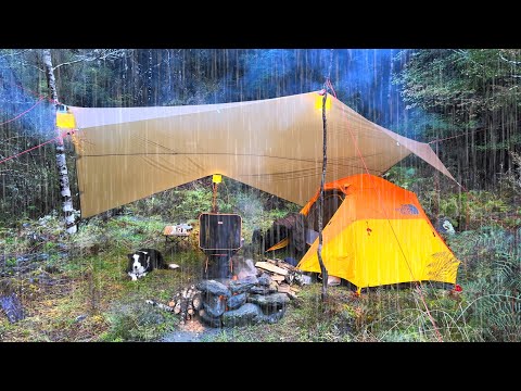 Tent CAMPING in the RAIN - peaceful sound of stream